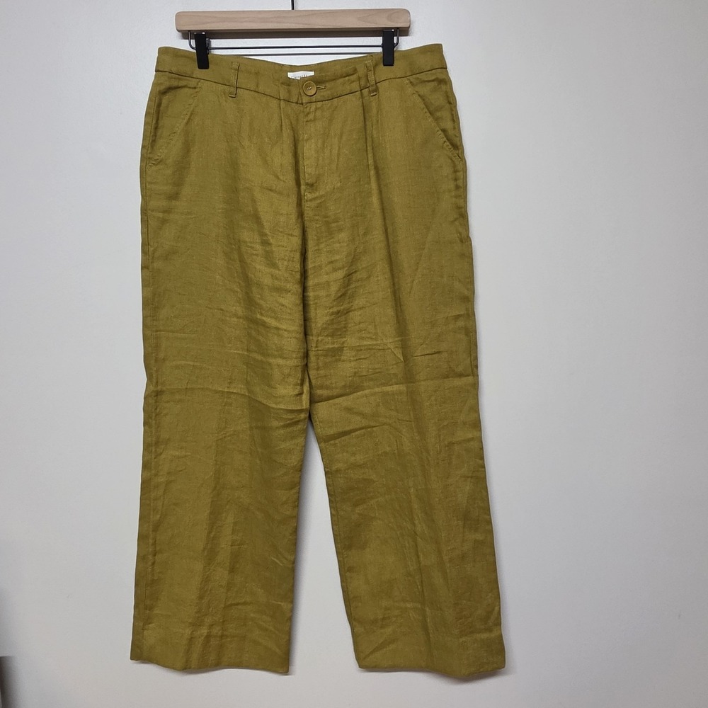 Garnet Hill 100% Classic Linenโ Trousers Pants Amber Olive Wide Leg Womens Sz 14